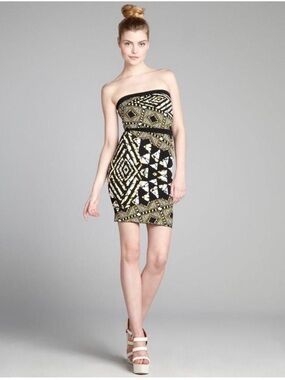 BCBG Black and Gold Geometric Print Dress